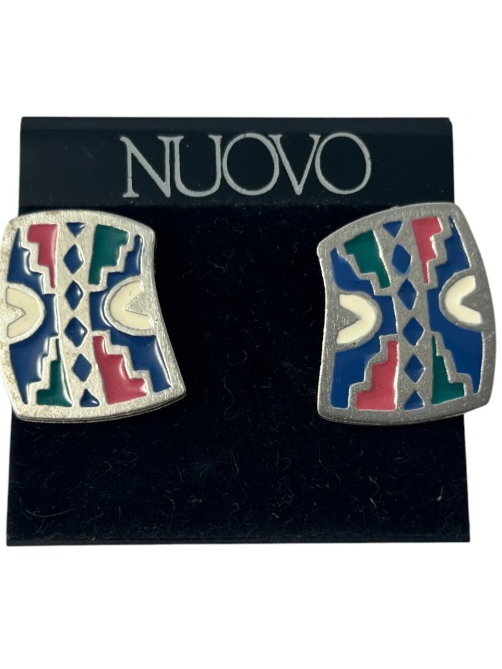 Vintage Nuovo Enamel Earrings Silver Tone Geometric Southwestern Pierced